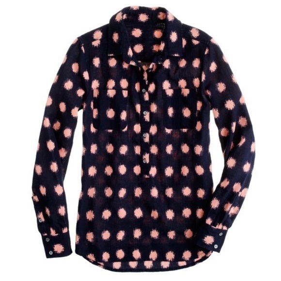 J.Crew Navy Pink Polly Popover silk-screen Polka Dot Top - Picture 2 of 6